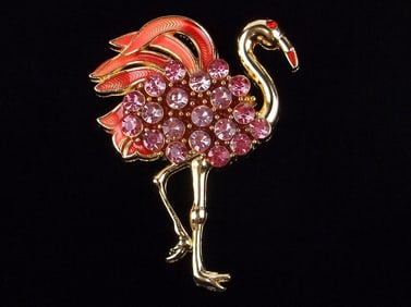 Mint Enameled Rhinestone Flamingo Bird Brooch