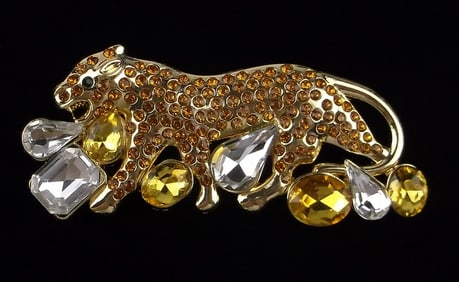 Mint Enameled Rhinestone Leopard Brooch