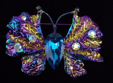 Mint Enameled Rhinestone Butterfly Brooch