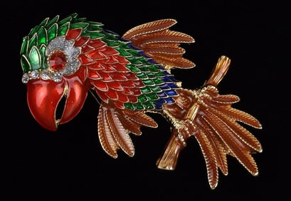 Big Mint Enameled Rhinestone Parrot Bird Brooch