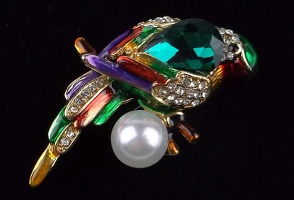 Mint Enameled Rhinestone Parrot Bird Brooch