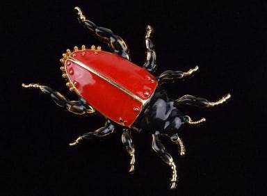 Mint Enameled Rhinestone Beetle Brooch