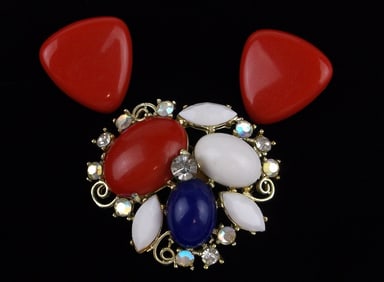 Mint Vint 1950s Red White Blue Rhinestone Brooch Earrings