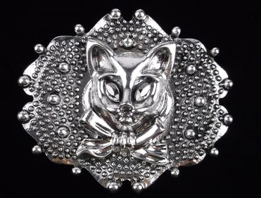 Big Mint Enameled Rhinestone Cat Brooch