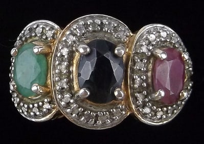 Stunning Sterling Silver Ruby Emerald Sapphire Diamond Ring 6