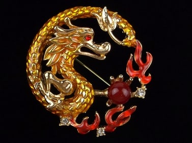 Mint Enameled Rhinestone Dragon Holding Fireball Brooch