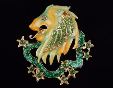 Big Mint Enameled Rhinestone Astrological Lion Brooch Leo