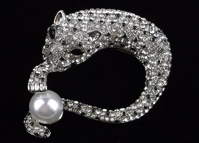 Mint Enameled Rhinestone Panther Leopard Brooch