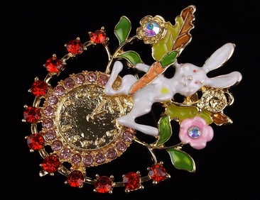 Mint Big Enameled Rhinestone Wonderland Rabbit Brooch Clock