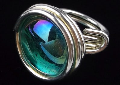 Big Heavy Vint Sterling Silver Art Glass Ring Adjustable 7-8