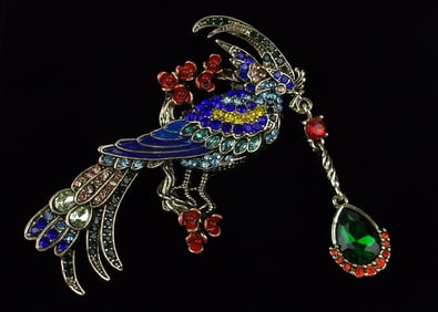 Big Mint Enameled Rhinestone Bird of Paradise Brooch