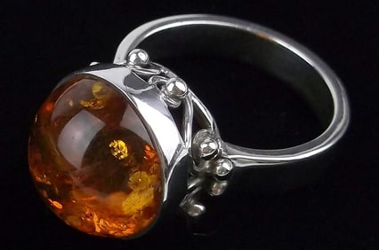 Big Mint Thick Heavy Sterling Silver Genuine Amber Ring 8.5