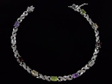 Stunning Sterling Silver Multi Gemstone Tennis Bracelet 8.25"