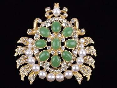 Big Mint Enameled Jelly Belly Rhinestone Beetle Brooch Deco
