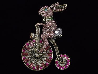 Big Mint Enameled Rhinestone High Wheeler Rabbit Brooch