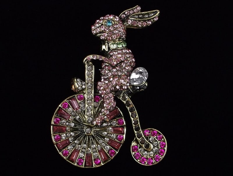 Big Mint Enameled Rhinestone High Wheeler Rabbit Brooch (1 of 2)