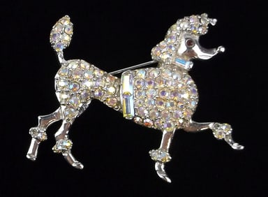 New Antique 1940s Designer Rhinestone Poodle Brooch