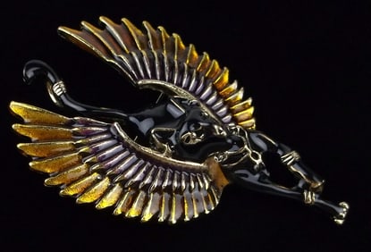 Mint Enameled Egyptian Cat Bastet Brooch
