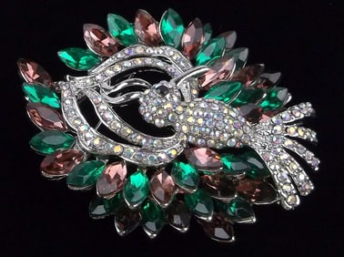 Mint Enameled Rhinestone Bird of Paradise Brooch