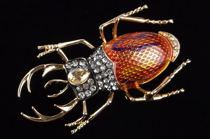 Mint Enameled Rhinestone Egyptian Beetle Brooch