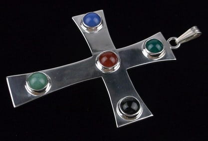 Big Mint Vint Heavy Taxco Sterling Silver Cross Gem Pendant