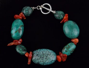 Mint Vintage Sterling Silver Turquoise Red Coral Bracelet 8.25"