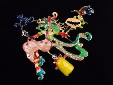 Big Mint Enameled Rhinestone Witch On Broomstick Brooch