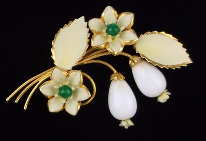 Stunning Antique 1950s Genuine Jade Flower Brooch