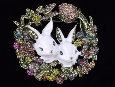 Big Mint Enameled Rhinestone Flower Rabbit Wreath Brooch