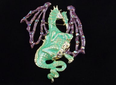 Mint Big Enameled Rhinestone Dragon Brooch