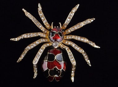 Big Mint Enameled Rhinestone Spider Brooch