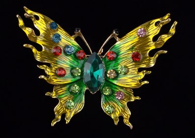 Big Mint Enameled Rhinestone Butterfly Brooch