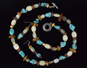 Mint Sterling Silver Turquoise Amber Jade Necklace Earrings 30"