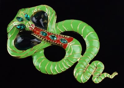 Big Mint Enameled Rhinestone Cobra Snake Brooch