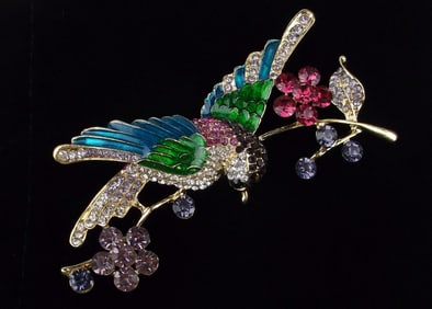 Big Mint Enameled Rhinestone Bird on Berry Branch Brooch