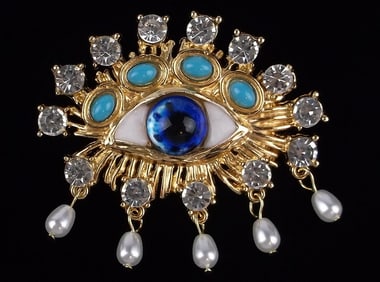 Big Mint Enameled Rhinestone All Seeing Eye Brooch