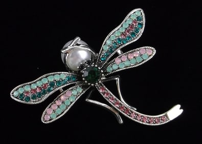 Mint Enameled Rhinestone Dragonfly Brooch Life Size