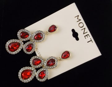 New Monet Ruby Red Rhinestone Drop Earrings $28