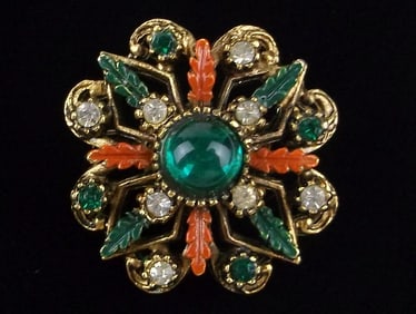 New Vintage 1960s Enameled Jelly Belly Rhinestone Brooch
