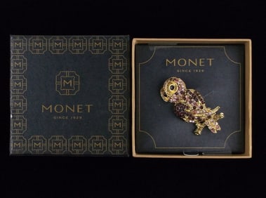 New Boxed Monet Rhinestone Owl Brooch $26