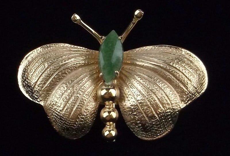 New Vintage 1960s Winard 12kt GF Jade Butterfly Brooch: new condition