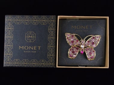 New Boxed Monet Rhinestone Butterfly Brooch