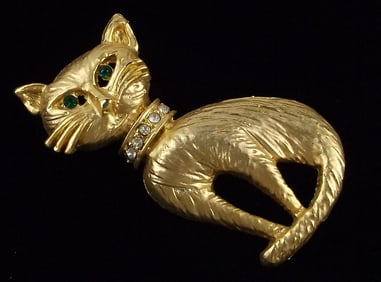 New Vintage Enameled Rhinestone Cat Brooch