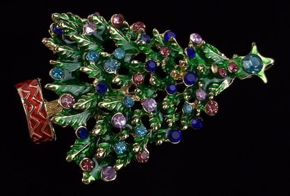 Mint Enameled Rhinestone Christmas Tree Brooch