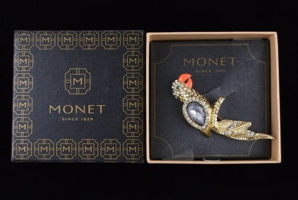 New Boxed Monet Enameled Rhinestone Parrot Bird Brooch $26