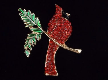 Mint Enameled Rhinestone Christmas Cardinal Bird Brooch