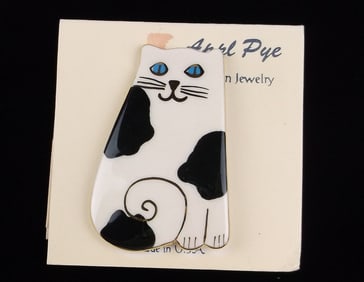 New Vintage Appl Pye Hand Painted Porcelain Cat Brooch