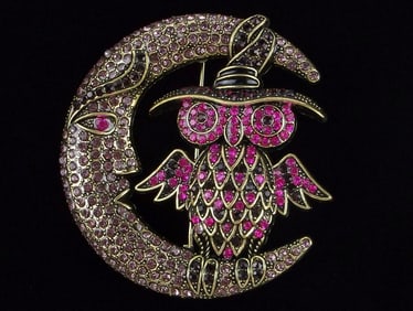 Mint Enameled Rhinestone Owl On The Moon Brooch