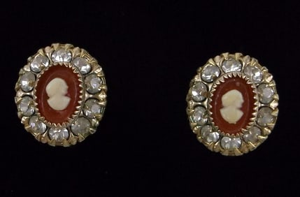 Mint Vintage Signed Designer Rhinestone Cameo Earrings