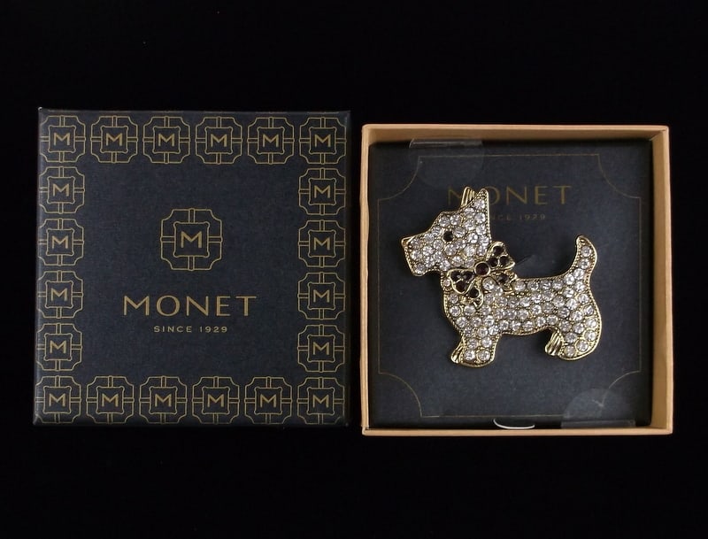 New Boxed Monet Enameled Rhinestone Schnauzer Dog Brooch $26: new condition